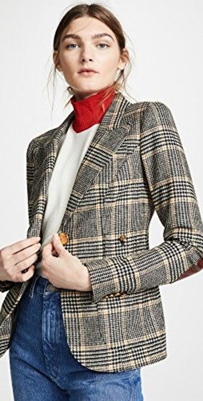 NWT Smythe Duchess Blazer Grey Plaid Wool Leather Elbow Patches Size 6